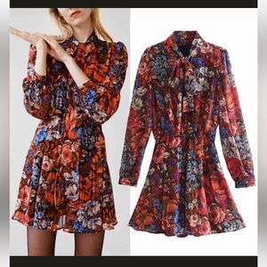 ZARA Floral Long Sleeve Mini Dress Tie Neck Red Blue Vintage Style